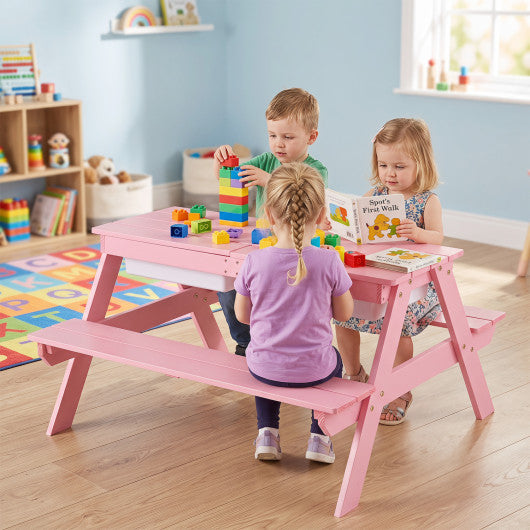 3-in-1 Kids Outdoor Picnic Water Sand Table with Removable Umbrella and Boxes-Pink