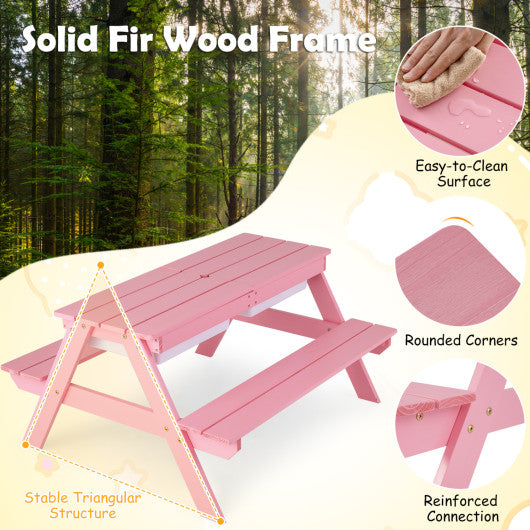 3-in-1 Kids Outdoor Picnic Water Sand Table with Removable Umbrella and Boxes-Pink