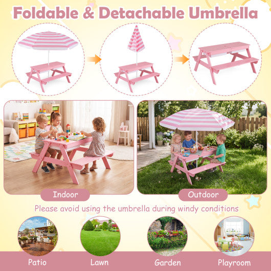 3-in-1 Kids Outdoor Picnic Water Sand Table with Removable Umbrella and Boxes-Pink
