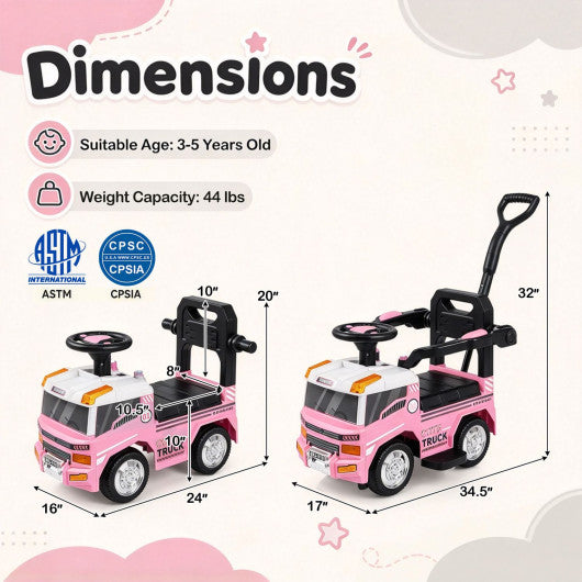 3-in-1 Kids Ride On Push Car for Toddlers 3 to 5 Years Old with Music-Pink