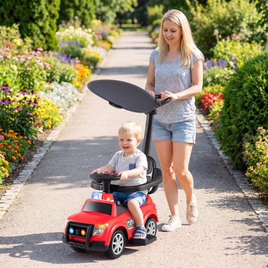 3-in-1 Toddler Push Car with Handle and Canopy Sliding Police Car with Siren-Red