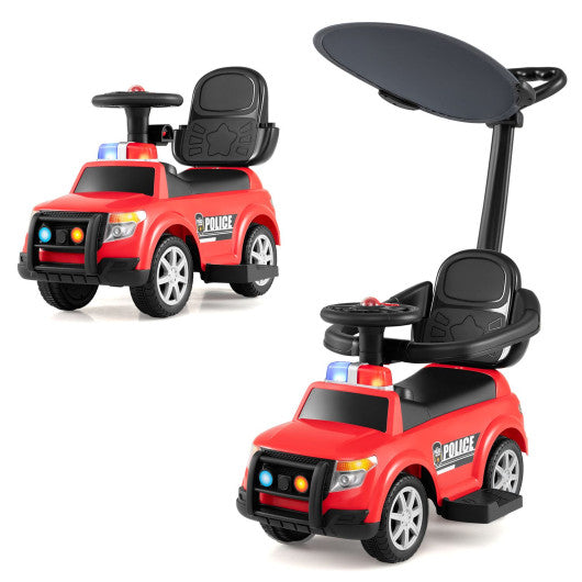 3-in-1 Toddler Push Car with Handle and Canopy Sliding Police Car with Siren-Red