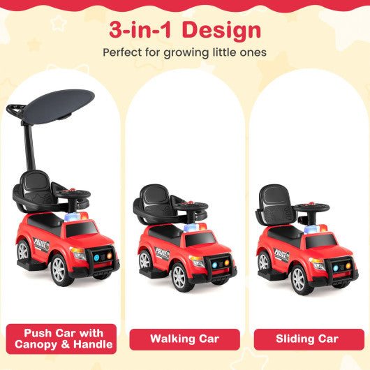 3-in-1 Toddler Push Car with Handle and Canopy Sliding Police Car with Siren-Red