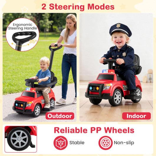 3-in-1 Toddler Push Car with Handle and Canopy Sliding Police Car with Siren-Red