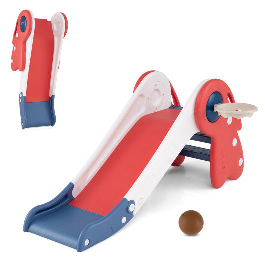 3 in 1 Toddler Slide Baby Slide Climber Playset with Basketball Hoop and Basketball-Red