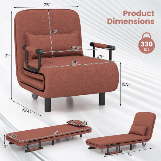 3-in-1 Convertible Sofa Bed with 5-Position Adjustable Backrest and Lumbar Pillow-Brown