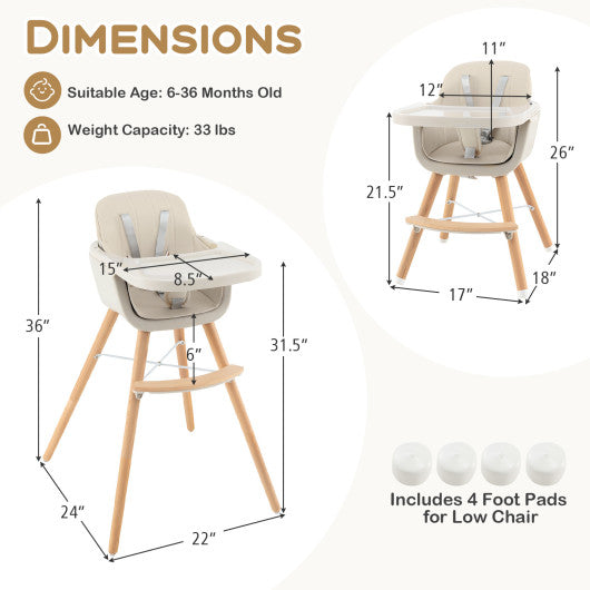 3-in-1 Convertible Wooden High Chair with Cushion-Beige