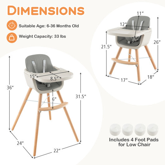 3-in-1 Convertible Wooden High Chair with Cushion-Gray