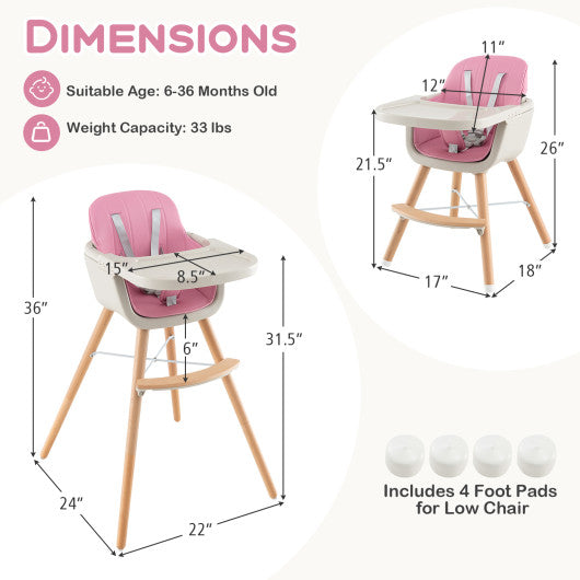 3-in-1 Convertible Wooden High Chair with Cushion-Pink