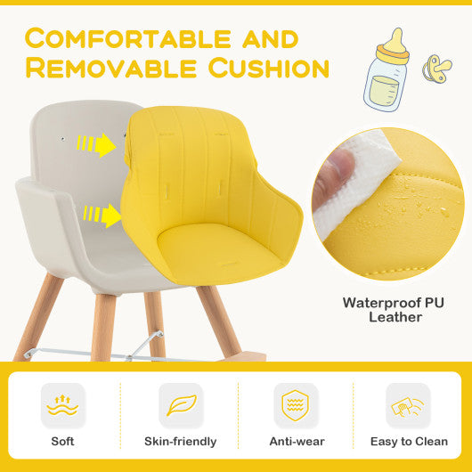3-in-1 Convertible Wooden High Chair with Cushion-Yellow