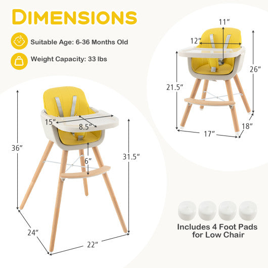 3-in-1 Convertible Wooden High Chair with Cushion-Yellow