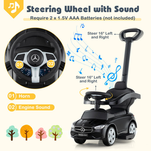 3-in-1 Ride on Push Car Mercedes-Benz Licensed Sliding Car with Canopy-Black