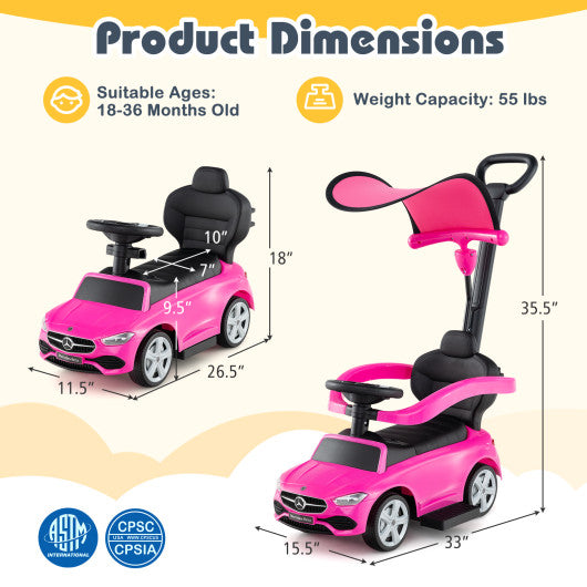 3-in-1 Ride on Push Car Mercedes-Benz Licensed Sliding Car with Canopy-Pink