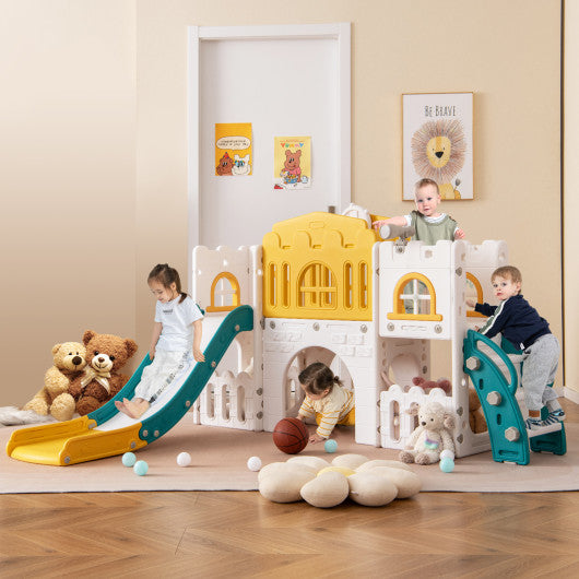 All-in-1 Toddle Slide Playset Playground with Tunnel and Ladder and Basketball-Yellow