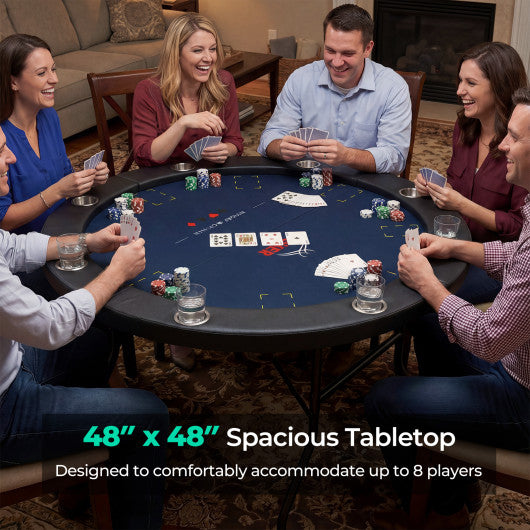 48 Inch Foldable Poker Table with 8 Cup Holders and Padded Edges-Blue