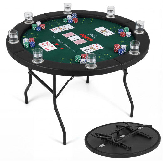 48 Inch Foldable Poker Table with 8 Cup Holders and Padded Edges-Green