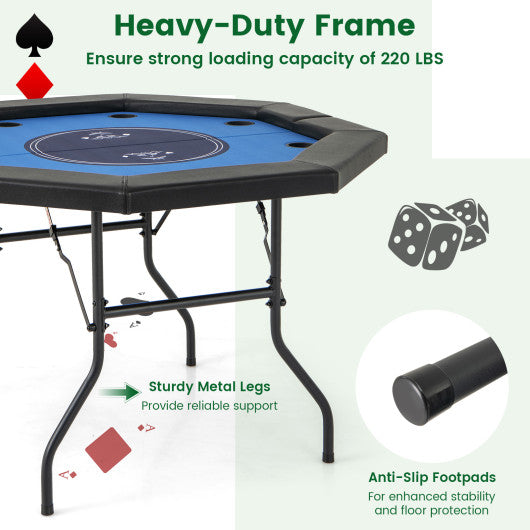 48 Inches Foldable Poker Table with Padded Rails and Cup Holders-Blue