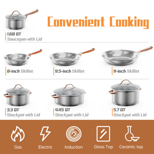 11 Pieces Stainless Steel Kitchen Cookware Set with Gold Stay-Cool Handles