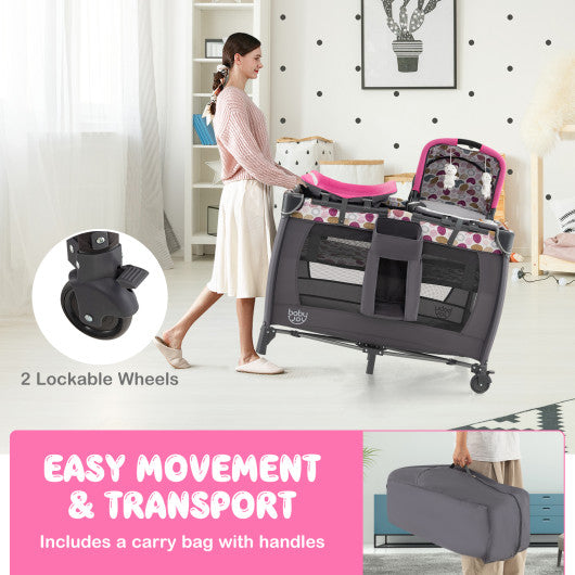 4-in-1 Convertible Portable Baby Playard Newborn Napper with Music and Toys-Pink