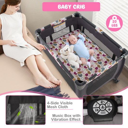 4-in-1 Convertible Portable Baby Playard Newborn Napper with Music and Toys-Pink