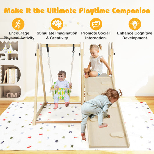 4-in-1 Indoor Jungle Gym with Baby Swing and Climbing Ramp-Natural