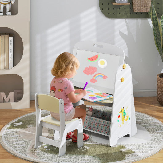 4-in-1 Kids Table and Chair Set Art Easel with Magnetic Whiteboard and Bookshelf-Natural