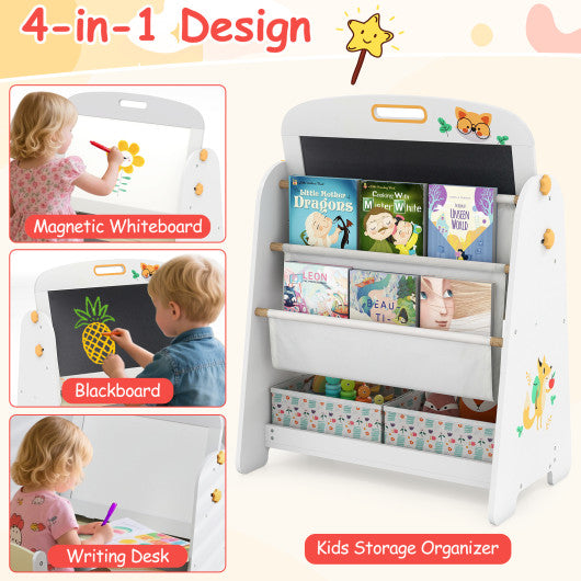 4-in-1 Kids Table and Chair Set Art Easel with Magnetic Whiteboard and Bookshelf-Natural