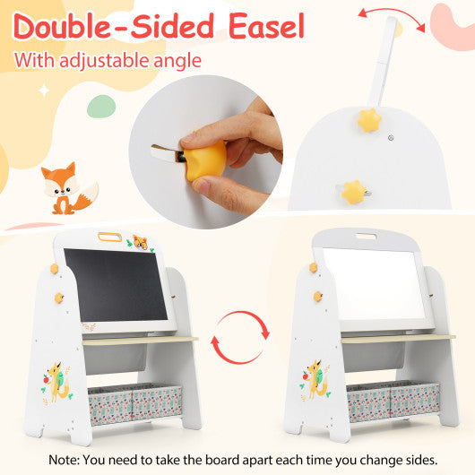 4-in-1 Kids Table and Chair Set Art Easel with Magnetic Whiteboard and Bookshelf-Natural