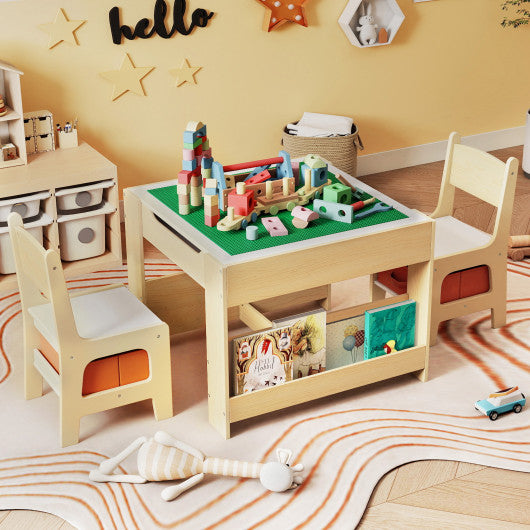 4 in 1 Kids Table and Chair Set with Reversible Graffiti and Building Blocks Tabletop-Natural