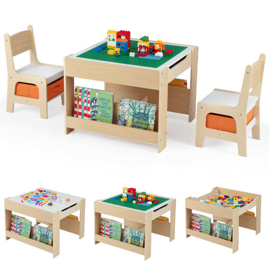 4 in 1 Kids Table and Chair Set with Reversible Graffiti and Building Blocks Tabletop-Natural