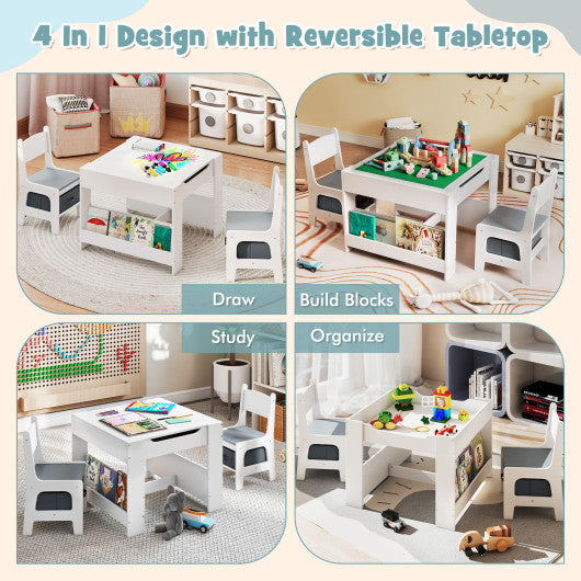 4 in 1 Kids Table and Chair Set with Reversible Graffiti and Building Blocks Tabletop-Gray