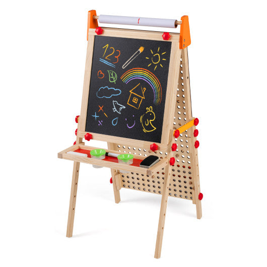 4-in-1 Wooden Kids Art Easel Double-Sided Foldable with Paper Roll and Storage Tray