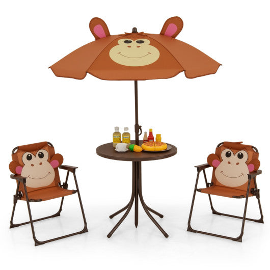 4 Pieces Kids Picnic Set with 2 Folding Chairs and Height Adjustable Umbrella-Brown