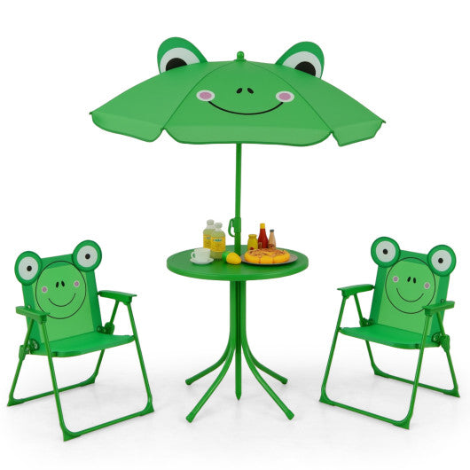 4 Pieces Kids Picnic Set with 2 Folding Chairs and Height Adjustable Umbrella-Green