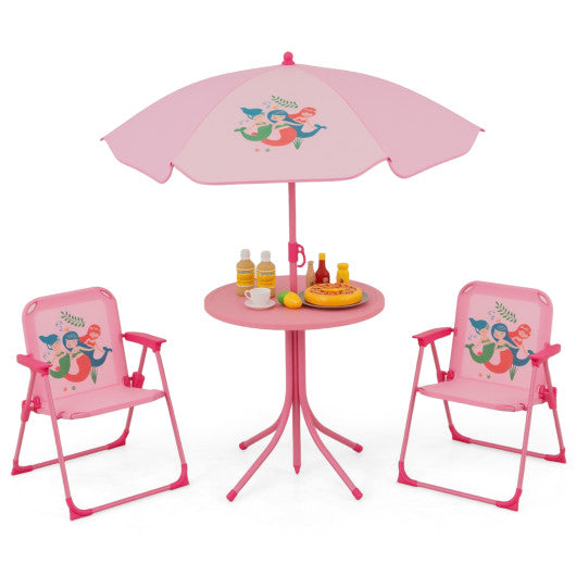 4 Pieces Kids Picnic Set with 2 Folding Chairs and Height Adjustable Umbrella-Pink