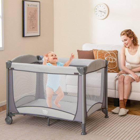 5-in-1 Portable Baby Playard with Cradle and Storage Basket-Gray