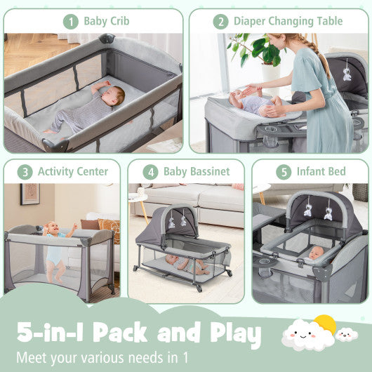 5-in-1 Portable Baby Playard with Cradle and Storage Basket-Gray