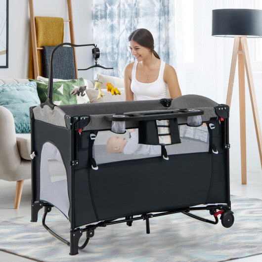 5-in-1 Baby Nursery Center Foldable Toddler Bedside Crib with Music Box-Black