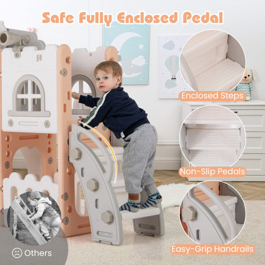 All-in-1 Toddler Slide Playset Playground with Tunnel and Ladder and Basketball-Pink