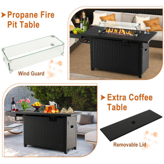 52 Inches Outdoor Wicker Gas Fire Pit Propane Fire Table with Cover-Black