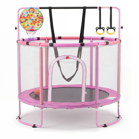 55 inches Trampoline for Kids with Adjustable Gymnastics Bar and Basketball Hoop for 3+-Purple