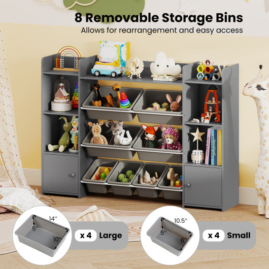 56 inch Large Toy Storage Organizer with 8 Removable Bins and Bookshelf-Gray