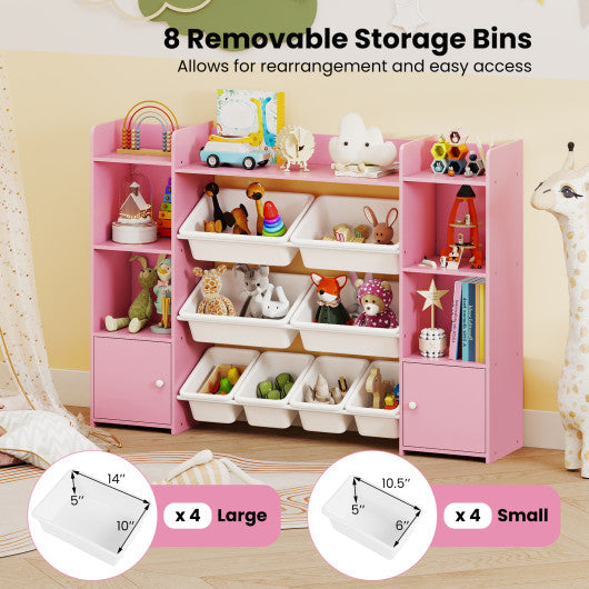 56 inch Large Toy Storage Organizer with 8 Removable Bins and Bookshelf-Pink