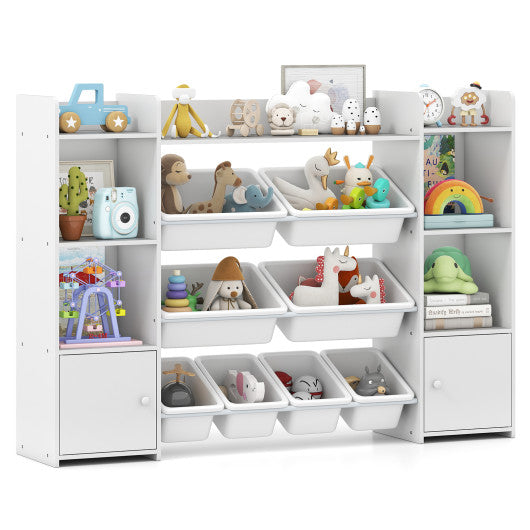 56 inch Large Toy Storage Organizer with 8 Removable Bins and Bookshelf-White