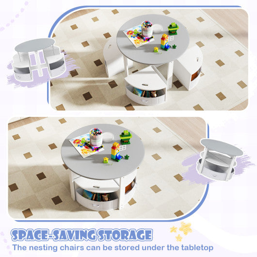 5 Piece Toddler Round Nesting Table with 4 Storage Stools for Activity-Grey