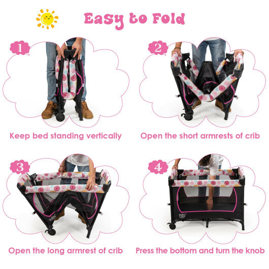 3-in-1 Convertible Portable Baby Playard with Music Box and Wheel and Brakes-Pink