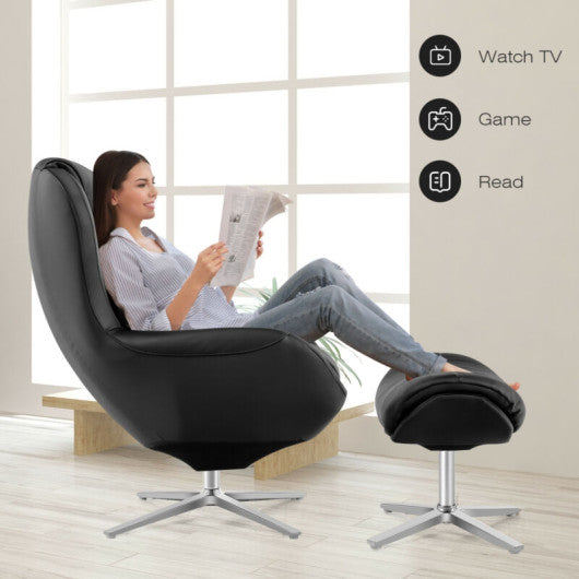 360¡ã Swivel Leather Lounge Chair with Ottoman and Aluminum Alloy Base-Black