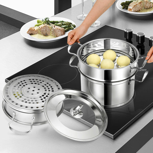 2/3 Tier Stainless Steel Steamer with Handles and Glass Lid-3-Tier