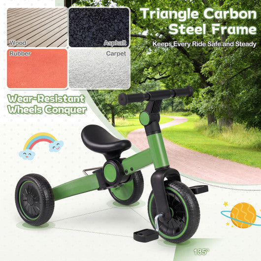 5-In-1 Toddler Bike Kids Balance Bike with Removable Pedals-Green