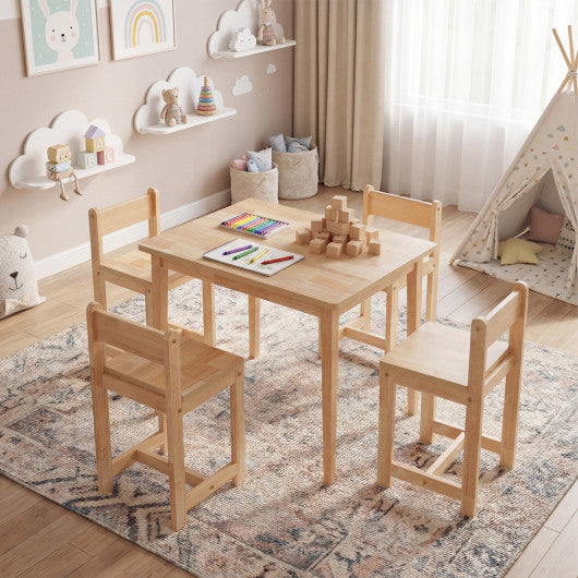 5-Piece Kids Table and Chairs Set Solid Rubber Wood Toddler Activity Table-Natural